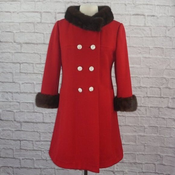 Vintage 60s Holly Gab ILGWU Wool Mink Collar Cuff Double Breasted Coat - Picture 1 of 10